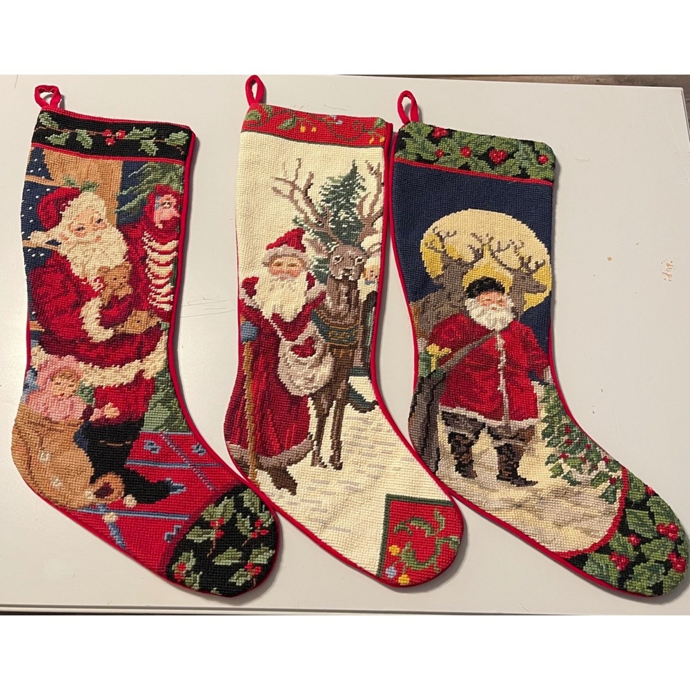 Vintage Needlepoint Christmas Stockings Set of 3 Multicolor Excellent Santa